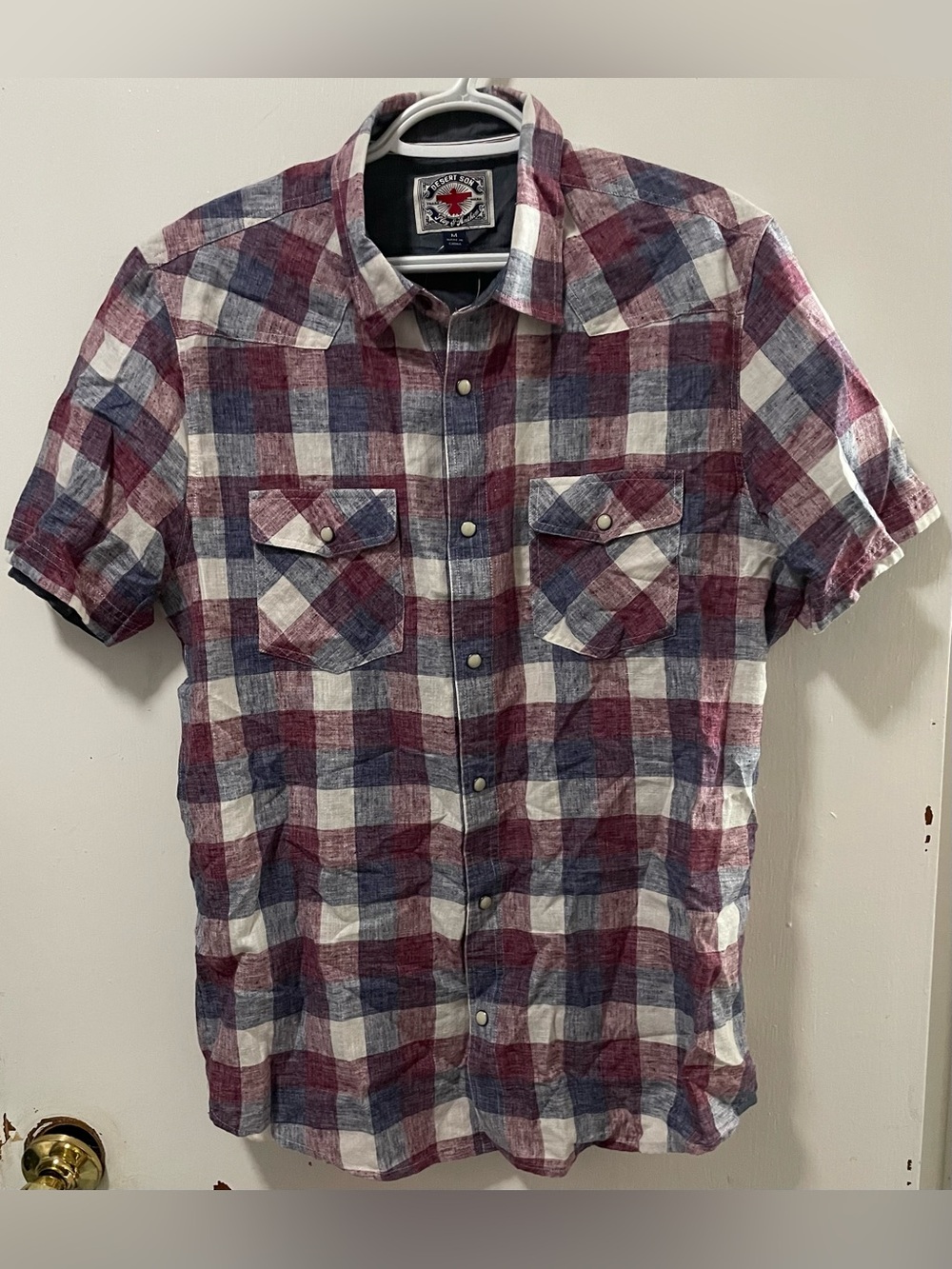 Flag & Anthem Men’s Maroon Navy White Button Up Plaid Western Shirt Size Medium